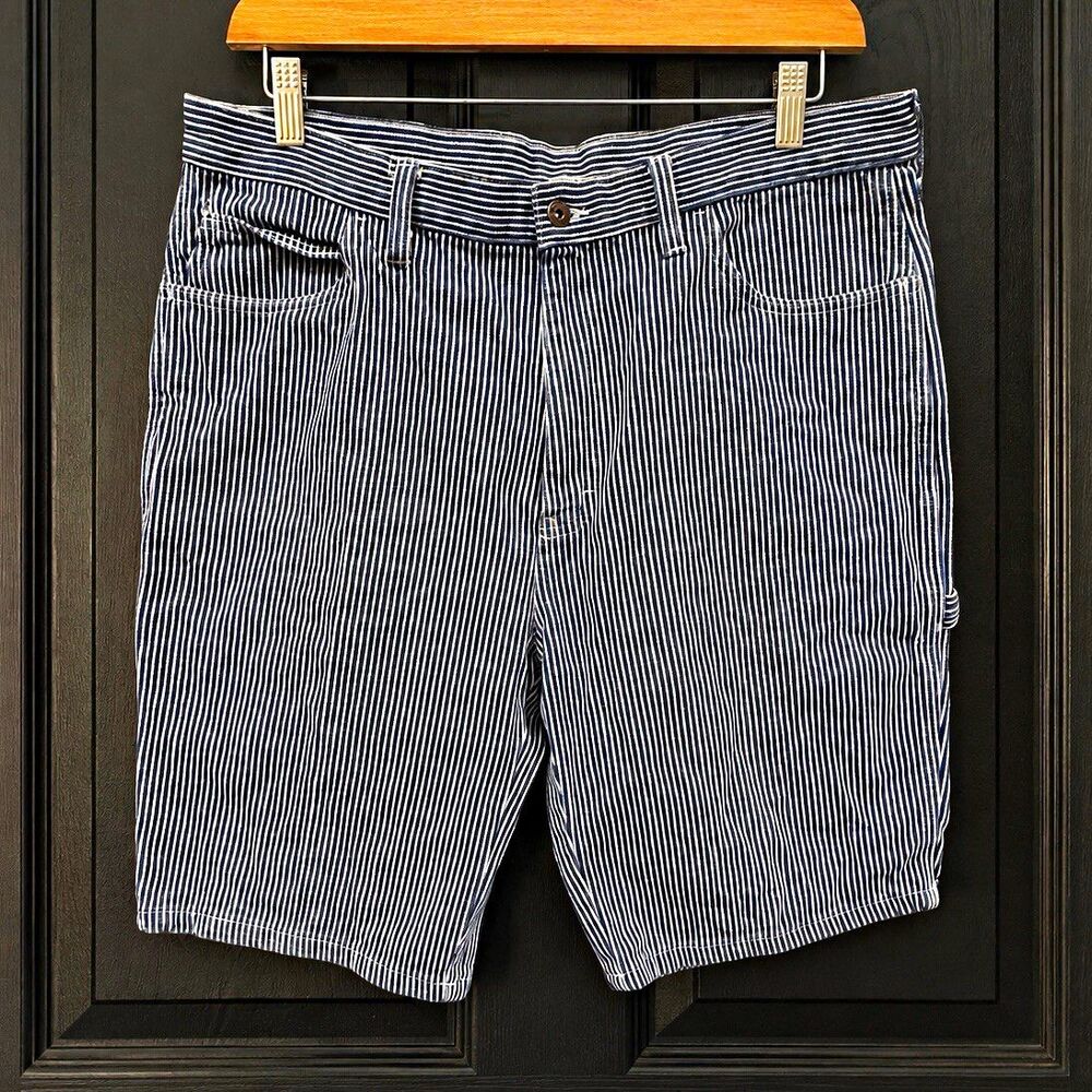 Dickies Men’s Blue/White Striped Denim Cargo Shorts Pockets Zip Logo Cotton